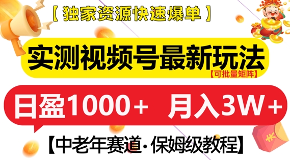 实测视频号最新玩法，中老年赛道，独家资源，月入过W+【揭秘】-好资源网